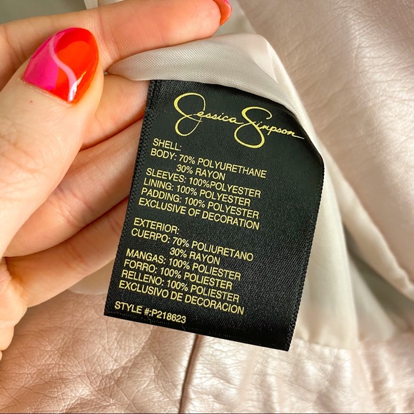 Jessica Simpson Faux Leather Satin Embroidered Sleeve Light Pink Floral Jacket L - Picture 7 of 11